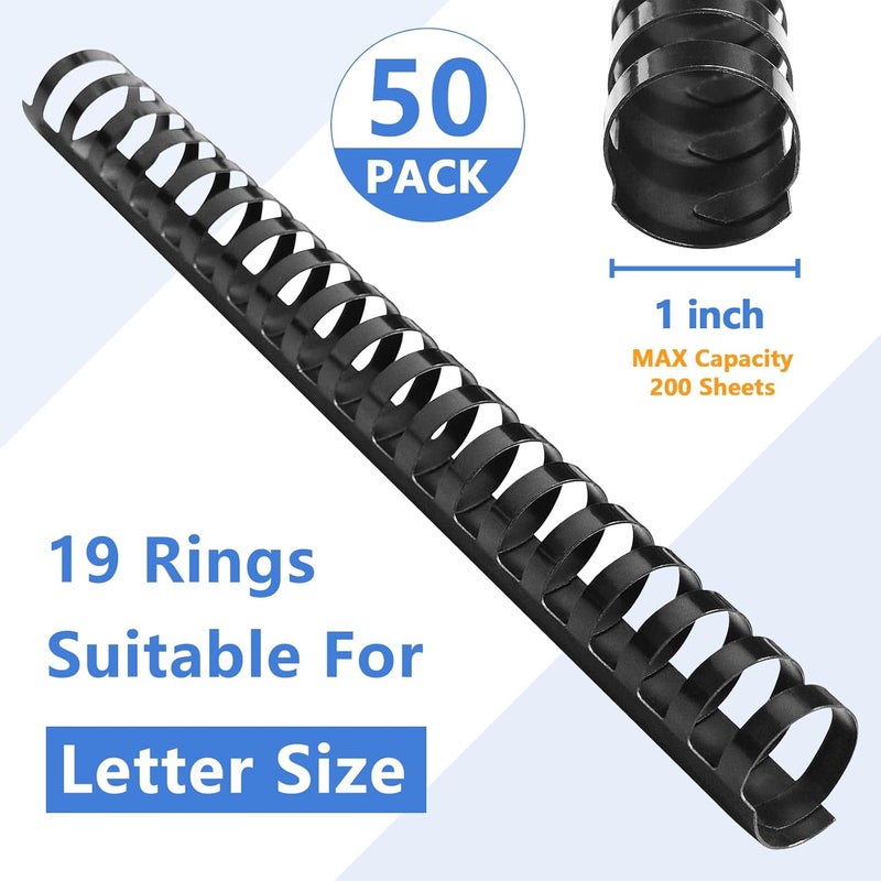 HOUYEE Store 50Pack 1 Inch Plastic Binding Comb 19 Ring,200 Sheet Capacity, Letter Size Black Comb Binding Spines - Image 2